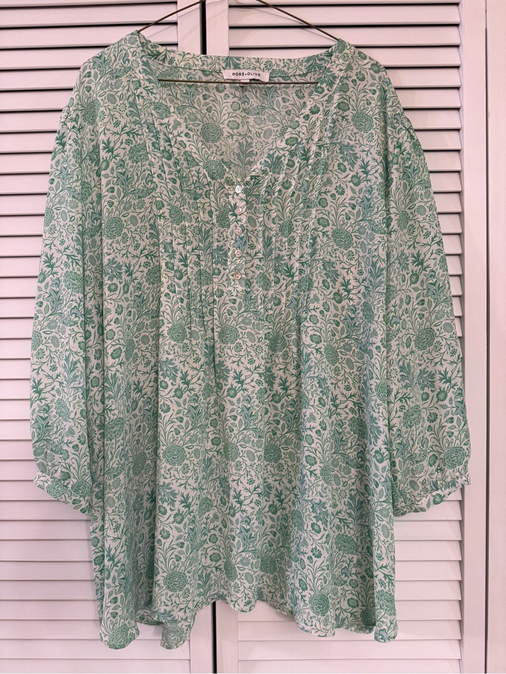 Rose & Olive Green Floral Tunic Blouse with Dainty Light Blue Flowers